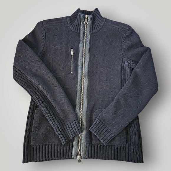 Lauren Ralph Lauren Sweater Womens M Black Leather Trim Full Zip - Picture 2 of 8